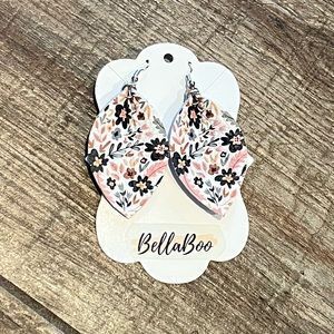 Leather Earrings Floral 2” Navy Pink White